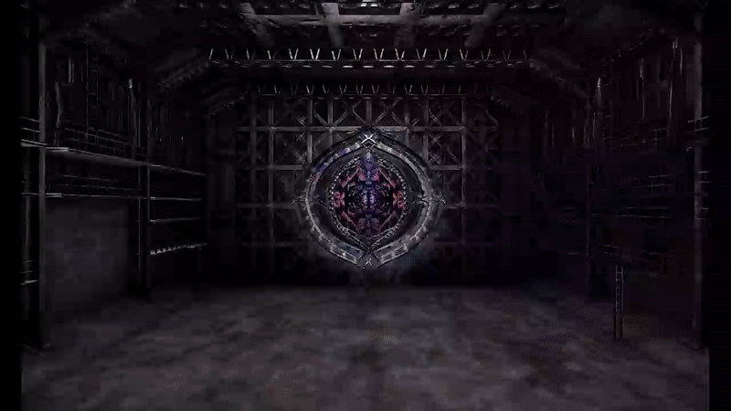 Dark industrial room with a glowing animated portal