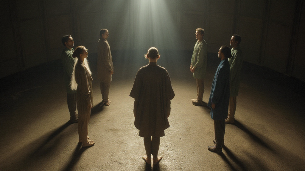 FrameGen render — seven figures standing in a ring inside a shaft of light