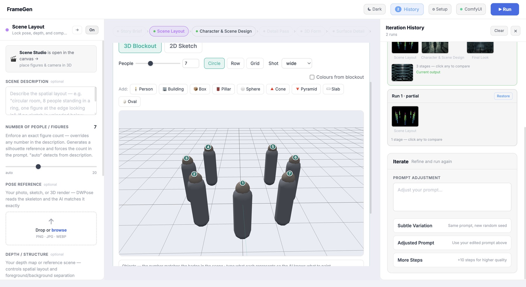 FrameGen app — story brief on the left, a storyboard of moments in the centre, pipeline stages across the top